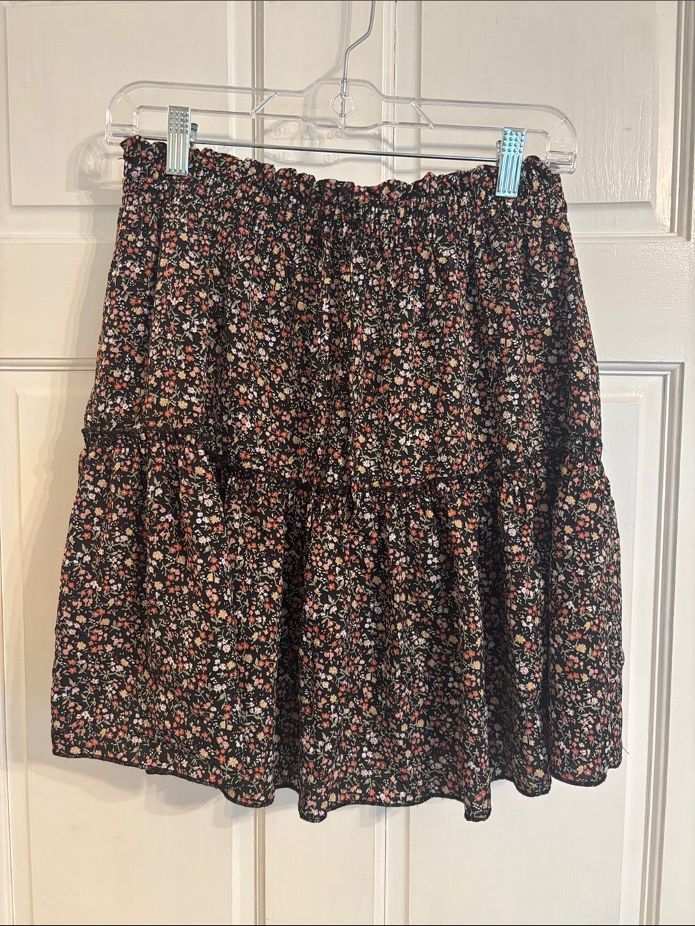 Black Floral Tiered Mini Skirt with Pink Accents